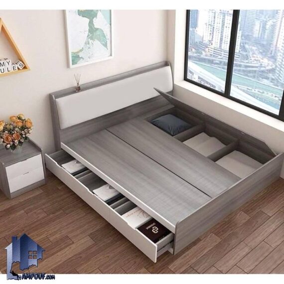 تخت خواب دو نفره DBJ203 با دو سایز کینگ و کوئین که به عنوان تختخواب و سرویس خواب دو نفره کمجا در اتاق خواب مورد استفاده قرار می‌گیرد.