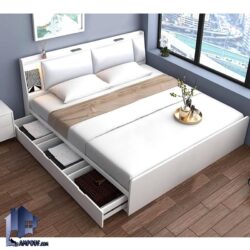 تخت خواب دو نفره DBJ204 با دو سایز کینگ و کوئین به صورت کشو دار و باکس دار با تاج قفسه دار که به عنوان تختخواب و سرویس خواب کمجا می‌باشد.