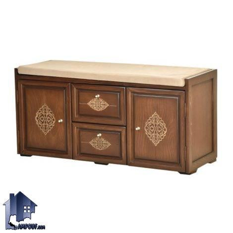 جاکفشی نیمکتدار SHA581 چوبی دارای درب و قفسه و کشو که به عنوان کمد کفش در ورودی منزل و در کنار سرویس خواب در اتاق خواب استفاده میشود.