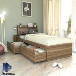 تخت خواب یک نفره SBJ249 دارای کشو و تاج کمد دار که به عنوان سرویس خواب کمجا در اتاق خواب نوجوان و بزرگسال مورد استفاده قرار میگیرد.