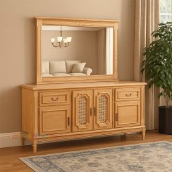 آینه کنسول SCA99 چوبی درب دار که به عنوان میز داخل سالنی در پذیرایی و به عنوان میز آرایش و گریم در کنار سرویس خواب در اتاق استفاده می‌شود.