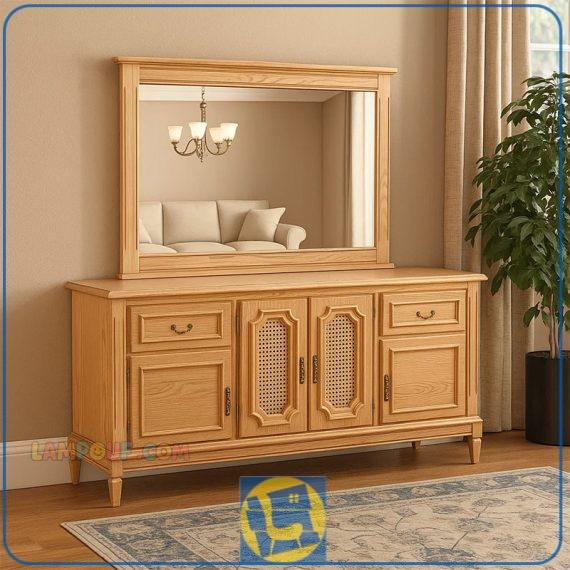 آینه کنسول SCA99 چوبی درب دار که به عنوان میز داخل سالنی در پذیرایی و به عنوان میز آرایش و گریم در کنار سرویس خواب در اتاق استفاده میشود.