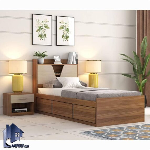 تخت خواب یک نفره SBJ251 دارای کشو، تاج قفسه دار با درب داشبوردی به عنوان تخت باکس و تختخواب کمجا در کنار سرویس خواب در اتاق قرار میگیرد.