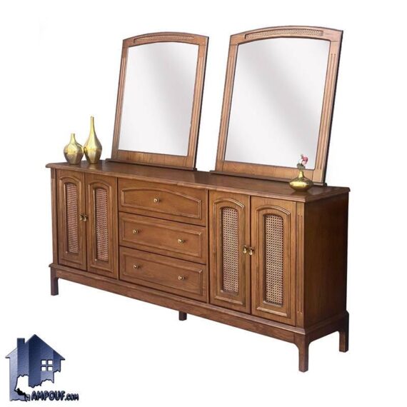 آینه کنسول SCA2024 چوبی به صورت کشو دار و آینه دار که به عنوان میز کنسولی و میز آرایش و گریم و توالت در پذیرایی و اتاق خواب استفاده می‌شود.