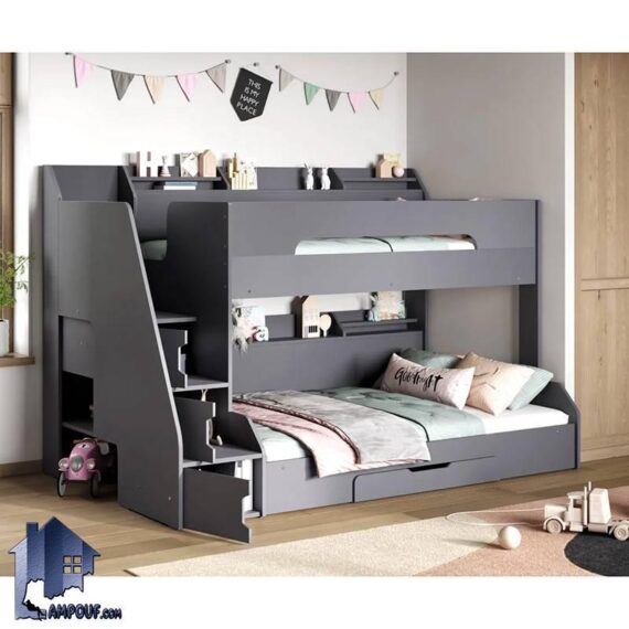 تخت خواب دو طبقه TBJ118 کشو دار و قفسه دار که به عنوان سرویس خواب کمجا در اتاق خواب کودک و نوجوان وبزرگسال مورد استفاده قرار می‌گیرد.