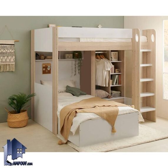 تخت خواب دو طبقه TBJ119 دارای کتابخانه و قفسه و دو تختخواب مجزا که به عنوان سرویس خواب کمجا در اتاق نوجوان و بزرگسال استفاده می‌شود.