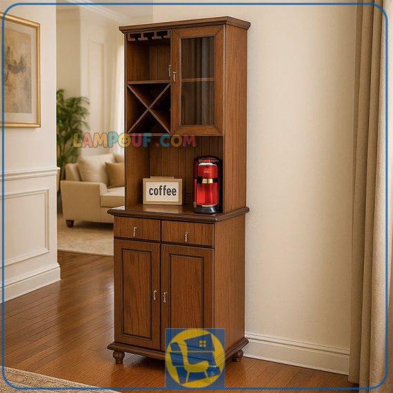 میز بار BTA5050 چوبی دارای کشو و درب و قفسه بطری و آویز گیلاس که به عنوان ویترین و کافه بار در آشپزخانه و پذیرایی و کافی شاپ استفاده می‌شود.