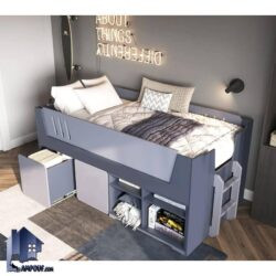 تخت خواب یک نفره SBJ253 دارای کشو و قفسه و حفاظ که به عنوان تختخواب و سرویس خواب کمجا کودک و نوجوان و یا بزرگسال در اتاق خواب استفاده میشود.