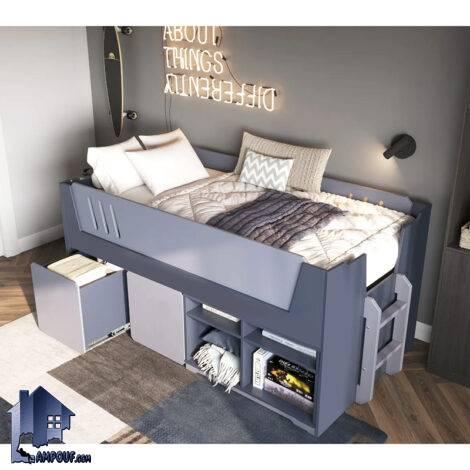 تخت خواب یک نفره SBJ253 دارای کشو و قفسه و حفاظ که به عنوان تختخواب و سرویس خواب کمجا کودک و نوجوان و یا بزرگسال در اتاق خواب استفاده می‌شود.