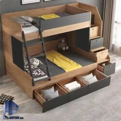 تخت خواب دو طبقه TBJ127 دارای کشو و قفسه اسباب بازی یا کتابخانه که به عنوان سرویس خواب کمجا در اتاق نوجوان و بزرگسال قابل استفاده می‌باشد.