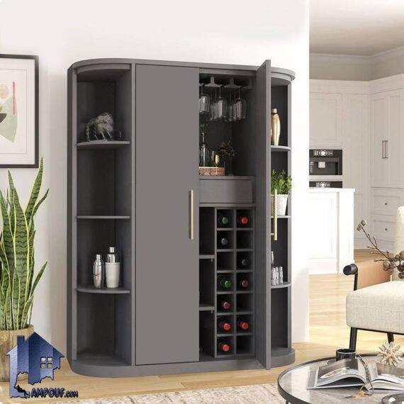 ویترین بار BTJ189 دارای قفسه بطری و آویز گیلاس و کشو که به عنوان میز و کافه بار در آشپزخانه و پذیرایی و کافی شاپ و رستوران استفاده میشود.