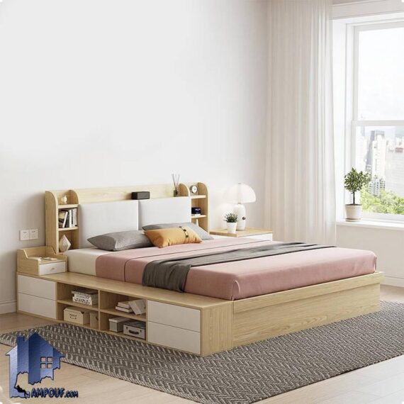 تخت خواب دو نفره DBJ210 دارای تاج قفسه دار و کناره کنسول کشو دار که به عنوان سرویس خواب دو نفره در اتاق خواب مورد استفاده قرار می‌گیرد.