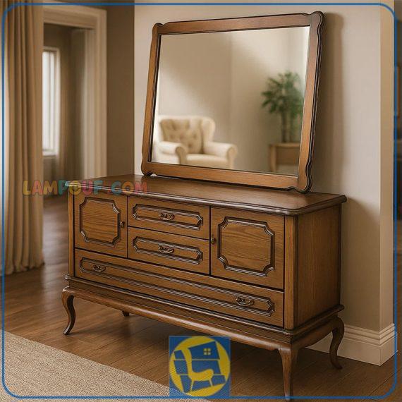 آینه کنسول SCA68 چوبی دارای کشو و درب که به عنوان میز کنسولی در پذیرایی و ورودی منزل و به عنوان میز گریم و توالت و آرایش استفاده میشود.