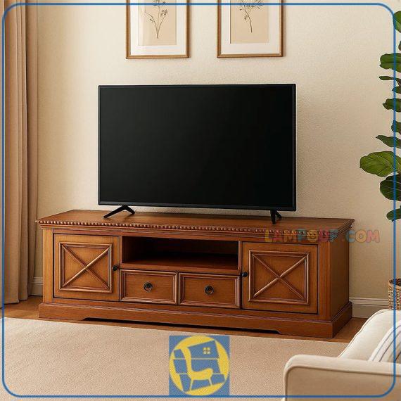 میز تلویزیون TTA10100 چوبی کشو دار و قفسه دار که به عنوان استند زیر تلویزیونی یا کنسول LCD یا LED در تی وی روم یا پذیرایی استفاده میشود.
