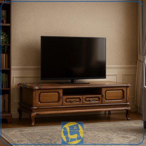 میز تلویزیون TTA680 چوبی با طراحی کلاسیک دارای کشو و درب و قفسه که به عنوان زیر تلویزیونی و میز ال سی دی در تی وی روم و پذیرایی استفاده می‌شود.