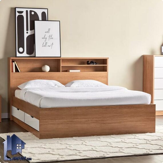 تخت خواب دو نفره DBJ211 به صورت کشو دار و دارای تاج قفسه دار که با دو سایز کینگ و کوئین به عنوان سرویس خواب دونفره کمجا استفاده می‌شود.