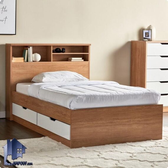 تخت خواب یک نفره SBJ255 دارای کشو و تاج به صورت قفسه دار که به عنوان تختخواب یکنفره برای نوجوان و بزرگسال در اتاق خواب استفاده می‌شود.