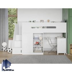 تخت خواب دو طبقه TBJ130 دارای میز تحریر و کمد لباس و قفسه کتابخانه که به عنوان سرویس خواب کمجا در اتاق خواب نوجوان و بزرگسال استفاده میشود.