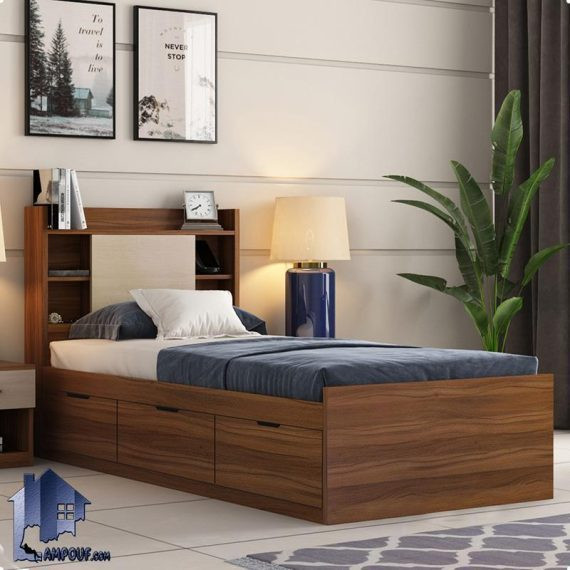 تخت خواب یک نفره SBJ256 دارای کشو و تاج قفسه دار که به عنوان تختخواب نوجوان و بزرگسال در کنار سرویس خواب در اتاق خواب استفاده میشود.