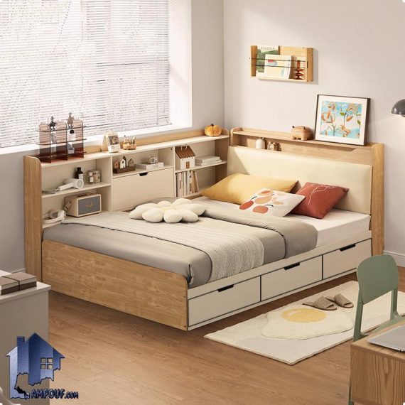 تخت خواب یک نفره SBJ258 دارای کشو و قفسه و کتابخانه که به عنوان تخت خواب کمجا در کنار سرویس خواب در اتاق خواب نوجوان و بزرگسال قرار می‌گیرد.