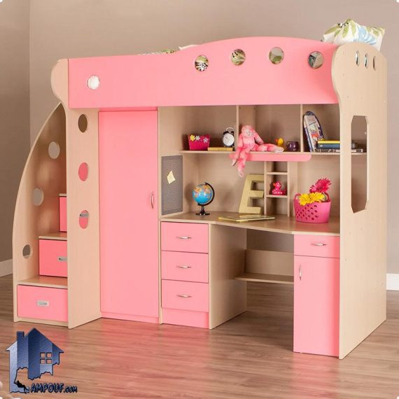 تخت خواب دو طبقه TBJ131 دارای میز تحریر و کتابخانه و ویترین و کمد جالباسی و دراور که به عنوان سرویس خواب نوجوان و بزرگسال قابل استفاده است.