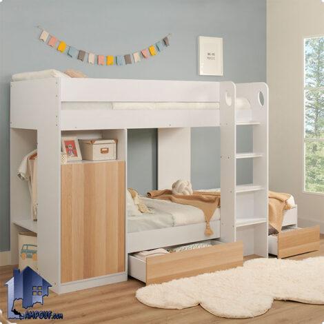 تخت خواب دو طبقه TBJ134 دارای کشو و جاکفشی و کمد قفسه دار که به عنوان سرویس خواب کمجا در اتاق خواب نوجوان و بزرگسال قابل استفاده می‌باشد.