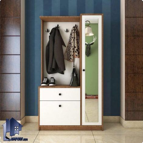 جاکفشی و جالباسی SHJ414 دارای کشو و قفسه با درب داشبوری و درب آینه دار به همراه آویز لباس که در ورودی منزل و یا اتاق خواب استفاده می‌شود.