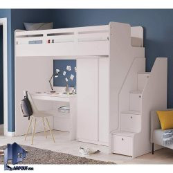 تخت خواب دو طبقه TBJ135 دارای کمد جالباسی و میز تحریر یا لپ تاپ و پله منبری که به عنوان سرویس خواب کمجا در اتاق نوجوان و بزرگسال استفاده میشد.