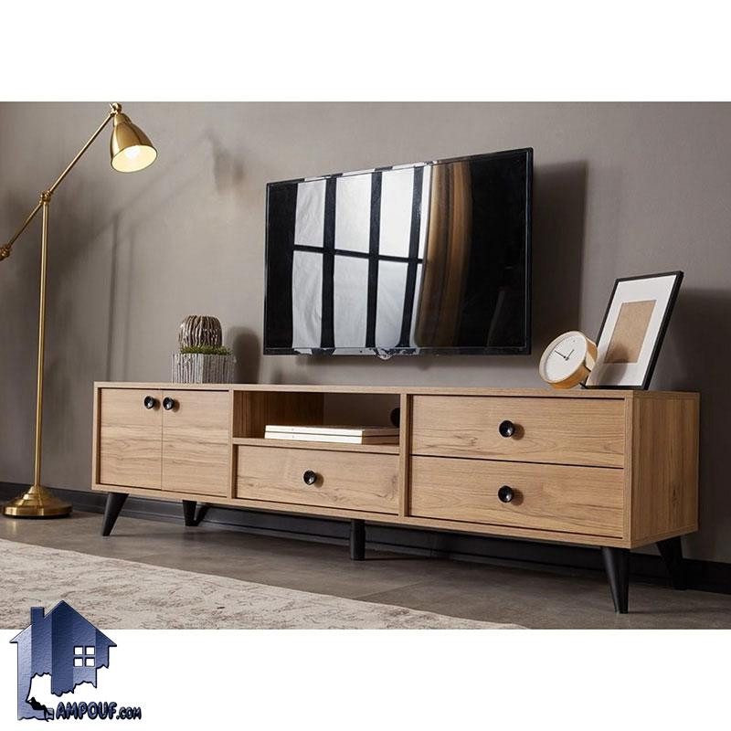 TTJ130 (5) میز تلویزیون TTJ130 دارای کشو و قفسه و درب کمدی که به عنوان زیر تلویزیونی در تی وی روم و پذیرایی مورد استفاده قرار میگیرد.