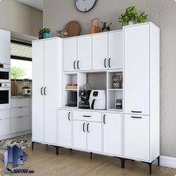 کابینت CSJ144 دارای کشو و قفسه های درب دار و میز دستگاه قفوه ساز که به عنوان کافی بار و یا میز بار در آشپزخانه و پذیرایی استفاده می‌شود.