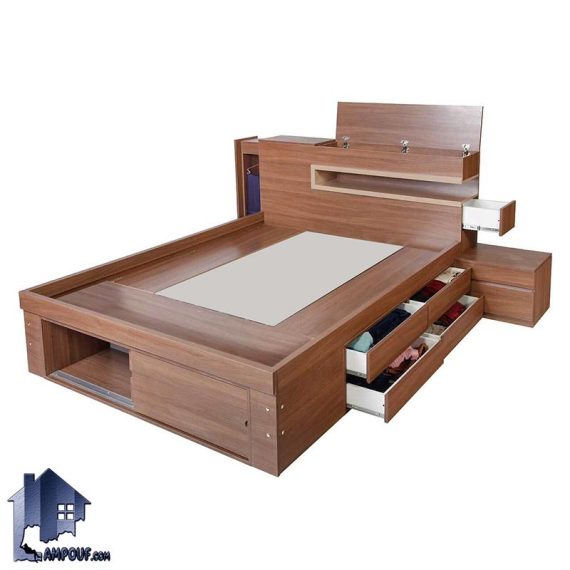 تخت خواب دو نفره DBJ215 دارای کشو و باکس و قفسه با طراحی مدرن که به عنوان سرویس خواب کمجا دونفره در اتاق خواب مورد استفاده قرار می‌گیرد.