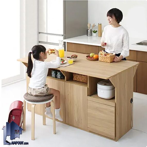 میز نهارخوری تبدیلی DTJ86 با صفحه میز داشو و دارای کابینت و کشو و قفسه که به عنوان میز غذا خوری پذیرایی و میز پیشخوان آشپزخانه قابل استفاده است.