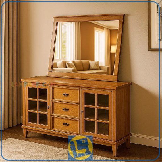 آینه کنسول SCA2031 دارای کشو و درب ویترینی با طراحی زیبا به همراه آینه که به عنوان کنسول ورودی منزل و پذیرایی و یا میز آرایش استفاده می‌شود.