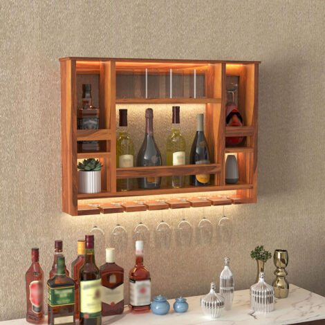 شلف بار SCJ236 دارای آویز گیلاس و قفسه بطری و ادویه و قوطی قهوه که در قسمت بالای کابینت و میز بار یا میز قهوه ساز قابل نصب است.