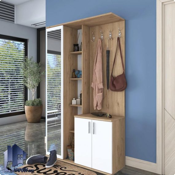 جاکفشی و جالباسی SHJ418 دارای قفسه های درب دار به همراه آینه قدی و آویز برای لباس که در دکور ورودی منزل و اتاق خواب قابل استفاده می‌باشد.