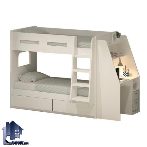 تخت خواب دو طبقه TBJ136 دارای میز تحریر و کشوی لباس که به عنوان سرویس خواب دو طبقه کمجا در اتاق نوجوان و بزرگسال استفاده می‌شود.