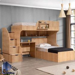 تخت خواب دو طبقه TBJ139 با چیدمان ال شکل دارای دو تختخواب مجزا، میز تحریر یا لپ تاپ و پله کشو دار که مناسب برای نوجوان و بزرگسال میباشد.