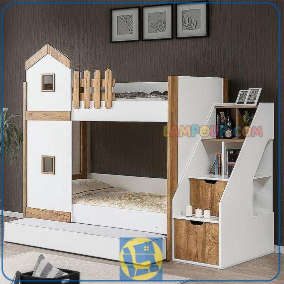 تخت خواب دو طبقه TBJ140 به همراه تخت میهمان و پله منبری قفسه دار و درب دار که مناسب برای استفاده سه نفر نوجوان و یا بزرگسال می‌باشد.