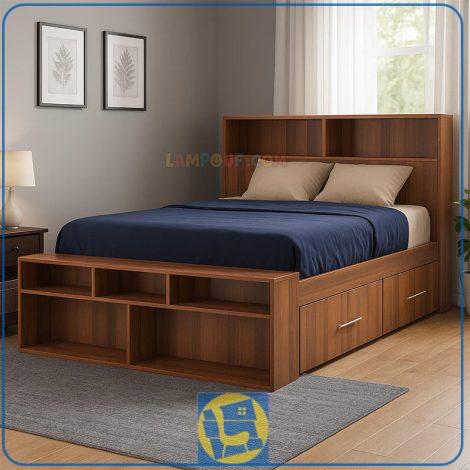 تخت خواب دو نفره DBJ216 دارای کشو لباس و قفسه جاکفشی یا کتابخانه که در کنار انواع دکور سرویس خواب در اتاق خواب مورد استفاده قرار میگیرد.