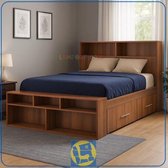 تخت خواب دو نفره DBJ216 دارای کشو لباس و قفسه جاکفشی یا کتابخانه که در کنار انواع دکور سرویس خواب در اتاق خواب مورد استفاده قرار می‌گیرد.