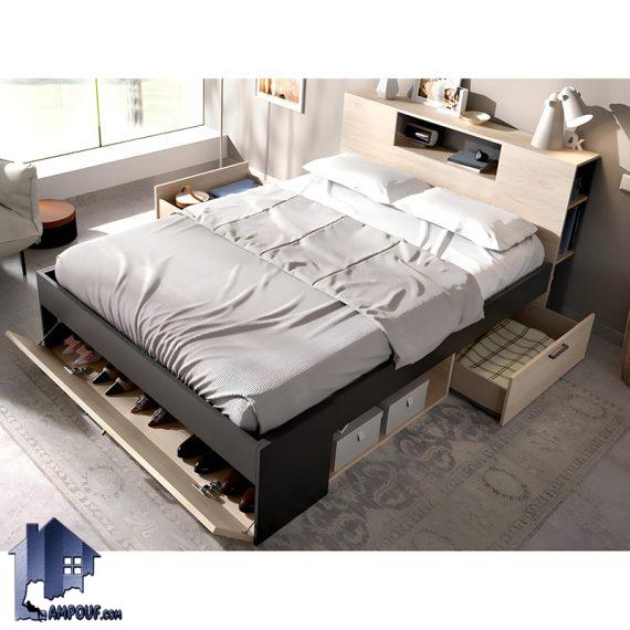 تخت خواب دو نفره DBJ217 دارای قفسه و کشو و با طراحی زیبا که به عنوان سرویس خواب کمجا با دو سایز کینگ و کوئین تولید می‌شود.