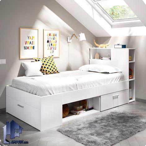 تخت خواب یک نفره SBJ262 با طراحی جادارد شامل کشو، قفسه و درب داشبوردی که می‌تواند فضایی مناسب را در اختیار شما قرار دهد.
