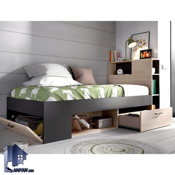 تخت خواب یک نفره SBJ262 با طراحی جادارد شامل کشو، قفسه و درب داشبوردی که می‌تواند فضایی مناسب را در اختیار شما قرار دهد.