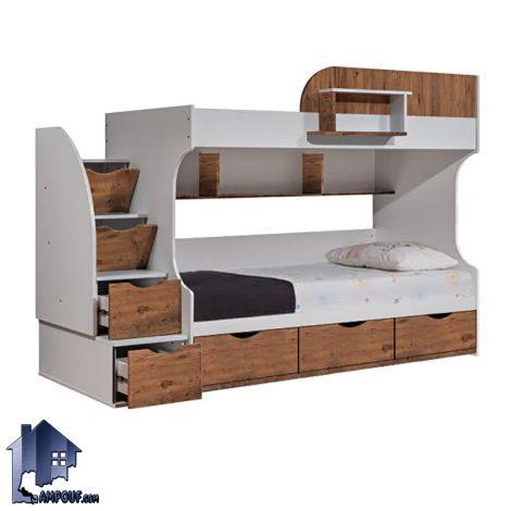 تخت خواب دو طبقه TBJ143 دارای کشو و قفسه و پله منبری که به عنوان سرویس خواب کمجا در اتاق نوجوان و بزرگسال مورد استفاده قرار می‌گیرد.