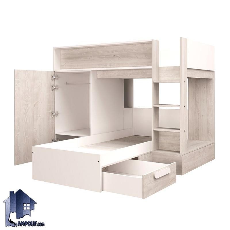 TBJ144 (1) تخت خواب دو طبقه TBJ144 دارای کمد جالباسی و پاتختی و میز آباژور و شلف و کتابخانه که به عنوان سرویس خواب دونفره کمجا استفاده میشود.