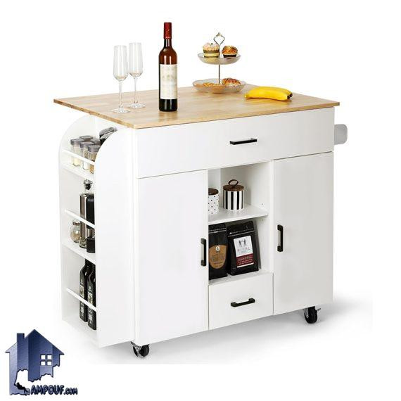 کابینت CSJ146 دارای قفسه و کشو و میز تاشو که به عنوان جزیره یا میز بار و میز غذاخوری در داخل آشپزخانه مورد استفاده قرار میگیرد.