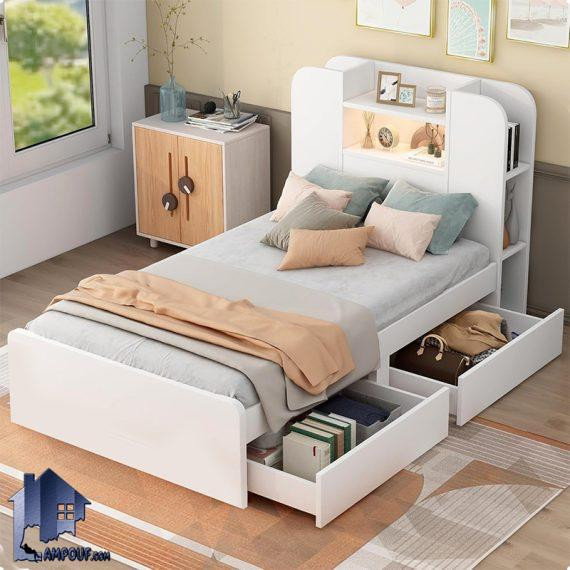 تخت خواب یک نفره SBJ268 دارای کشو و قفسه به همراه نورپردازی که میتواند در کنار سرویس خواب در اتاق نوجوان و بزرگسال مورد استفاده قرار بگیرد.