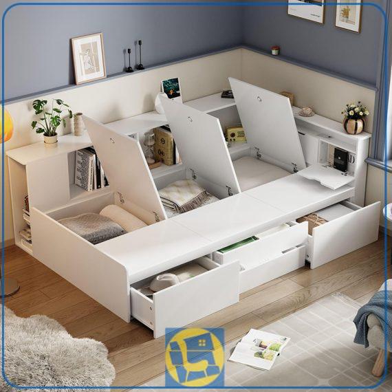 تخت خواب یک نفره SBJ273 دارای کشو و باکس مخفی درب دار با طراحی به صورت ال شکل و گوشه ای مناسب برای اتاق خواب نوجوان و بزرگسال میباشد.