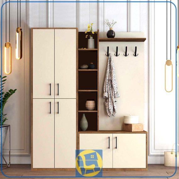 جاکفشی و جالباسی SHJ424 درای کمد قفسه دار مخصوص کفش و کیف و فضایی برای آویز لباس که میتواند دکور ورودی منزل را تشکیل دهد.