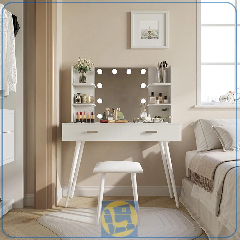 DJ719 (4) میز آرایش لامپ دار DJ719 با طراحی هالیوودی و دارای پایه چوبی که به عنوان میز گریم و توالت در کنار دکور سرویس خواب استفاده م وات با رنگ آفتابی و مهتابی برای این محصول استفاده نمایید.